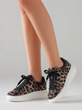 Steve Madden Leopard Rhinestone Platform Sneakers in Black and Brown 5.5